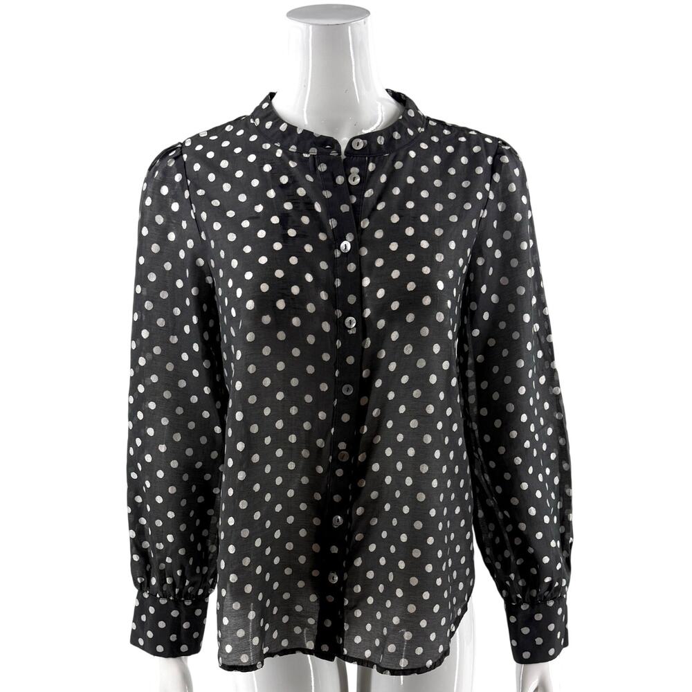Bailey 44 Womens Top Sz Medium Gray Polka Dot Button Up Semi Sheer Puff Shoulder
